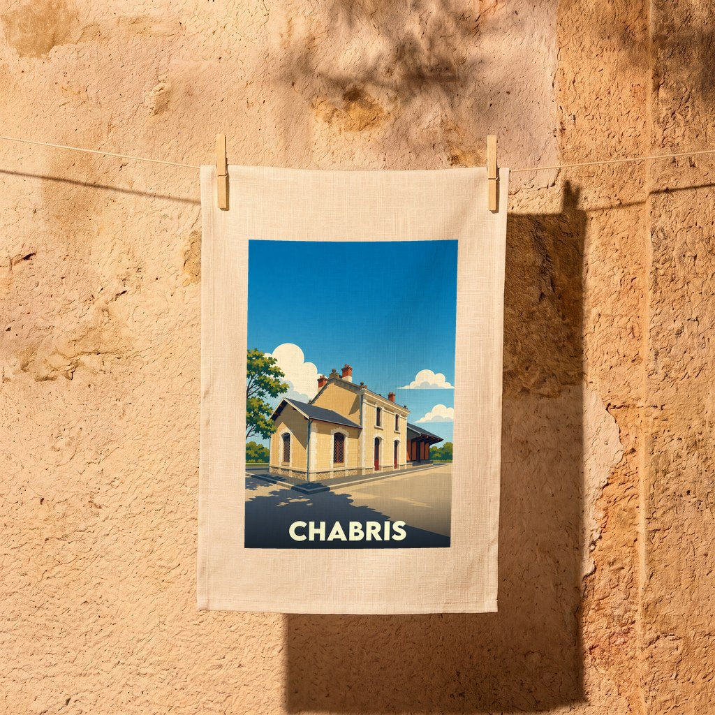 Torchon souvenir de la ville de Chabris illustré d'un dessin stylisé de sa gare ferroviaire.