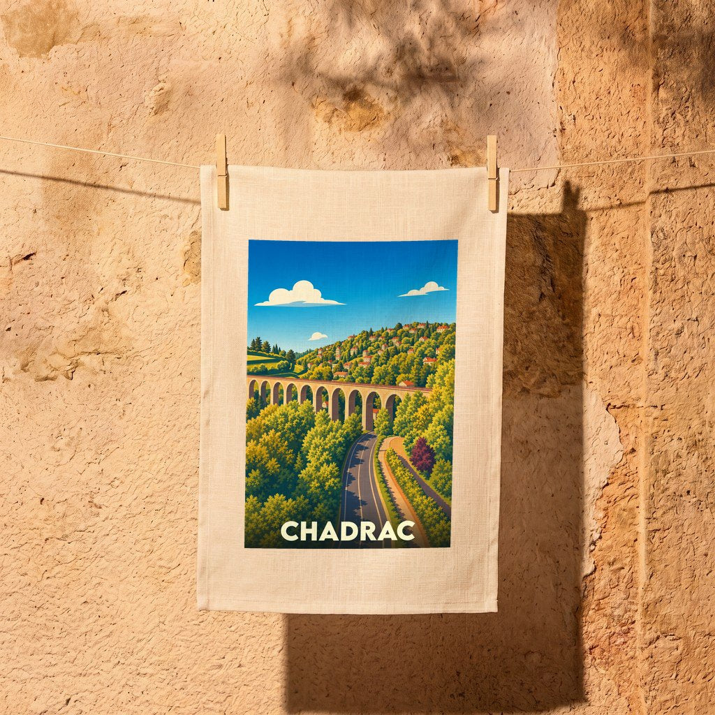 Torchon souvenir de la ville de Chadrac illustré d'un viaduc dans un paysage verdoyant.