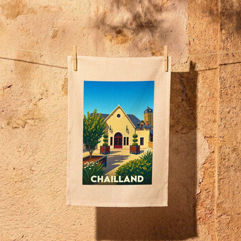 Torchon souvenir de la ville de Chailland avec une illustration stylisée et colorée de son architecture.