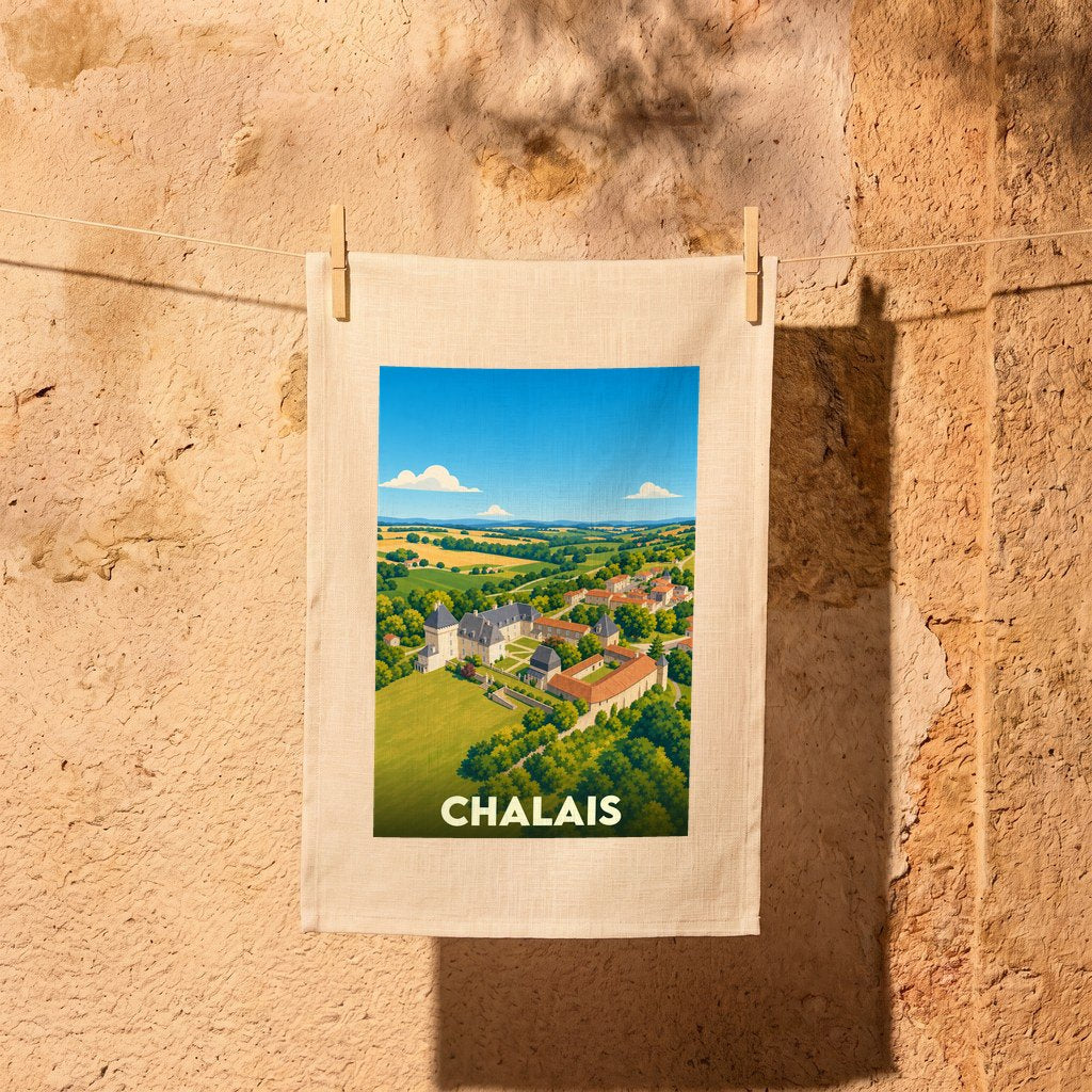 Torchon souvenir de la ville de Chalais avec une illustration stylisée de son château et du paysage environnant.