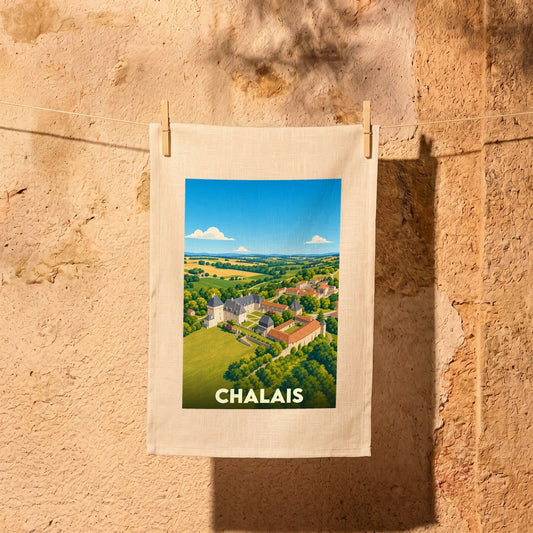 Torchon souvenir de la ville de Chalais avec une illustration stylisée de son château et du paysage environnant.
