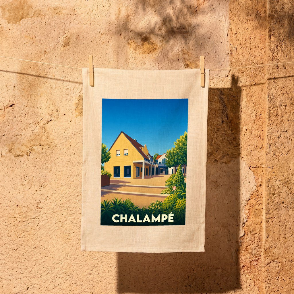 Torchon souvenir de la ville de Chalampé avec une illustration stylisée et colorée.