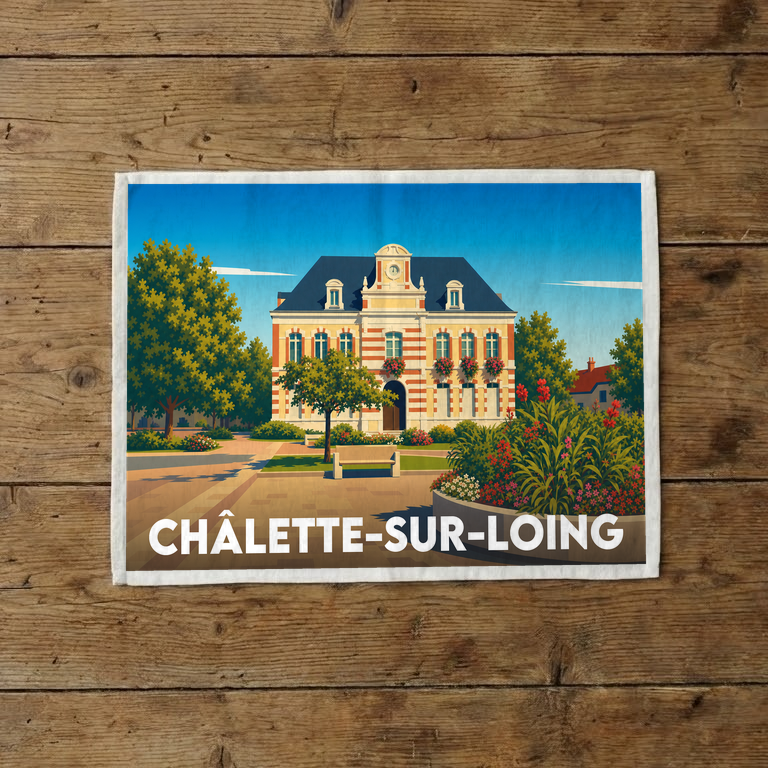 Torchon souvenir de la ville de Châlette-sur-Loing avec une illustration stylisée de son hôtel de ville.