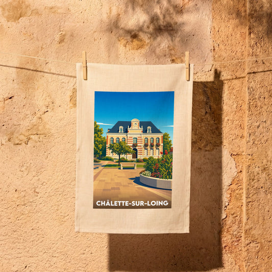Torchon souvenir de la ville de Châlette-sur-Loing avec une illustration stylisée de son hôtel de ville.