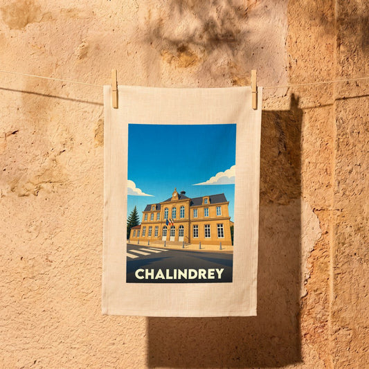 Torchon souvenir de la ville de Chalindrey avec une illustration stylisée de son hôtel de ville.
