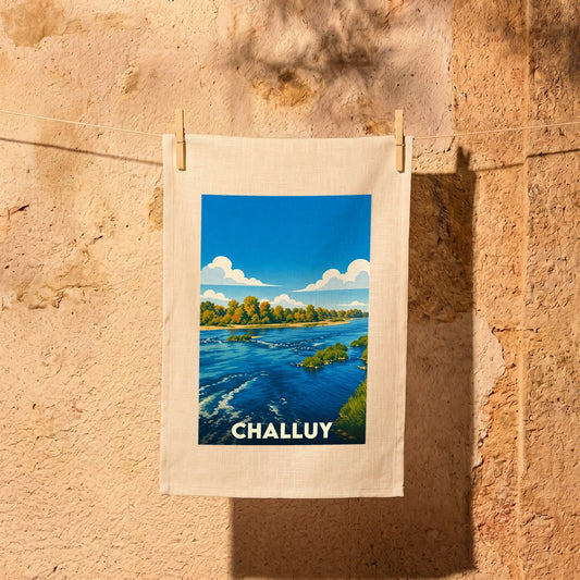 Torchon souvenir de la ville de Challuy orné d'une illustration stylisée de la Loire et de ses rives boisées.