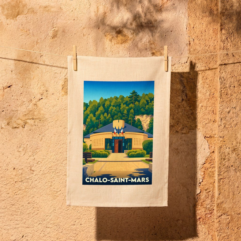 Torchon souvenir de la ville de Chalo-Saint-Mars avec une illustration stylisée de sa mairie.
