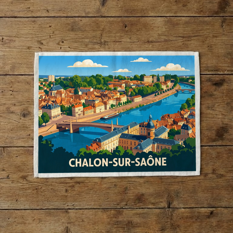 Torchon souvenir de la ville de Chalon-sur-Saône avec une illustration stylisée.