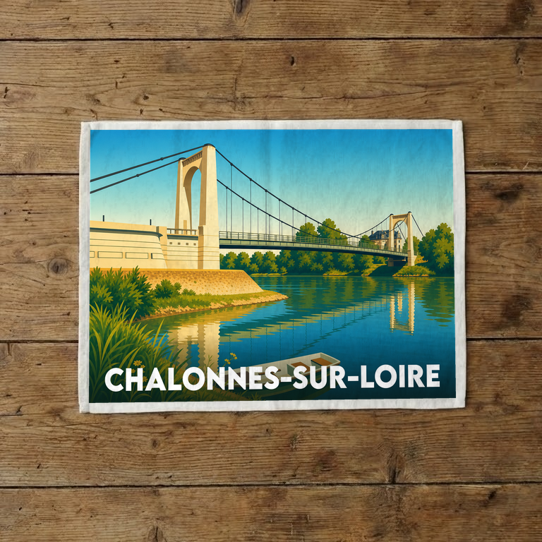 Torchon souvenir de la ville de Chalonnes-sur-Loire avec une illustration stylisée de son pont suspendu.