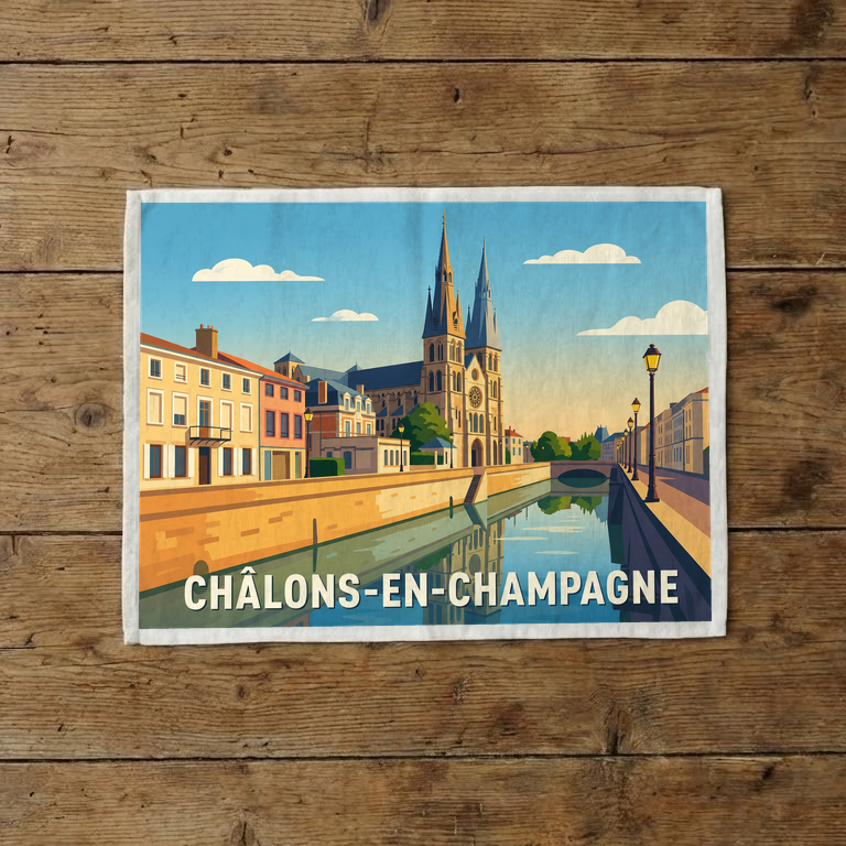 Torchon souvenir de la ville de Châlons-en-Champagne avec une illustration stylisée.