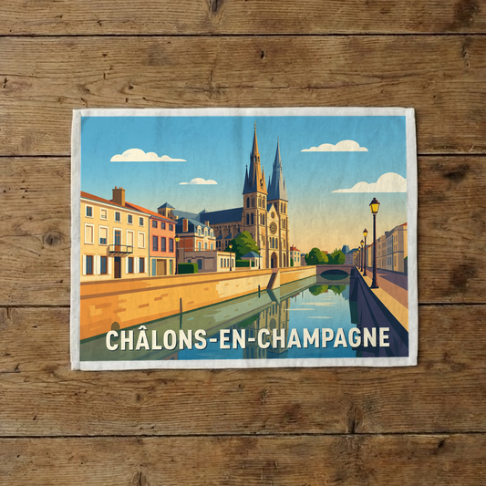 Torchon souvenir de la ville de Châlons-en-Champagne avec une illustration stylisée.