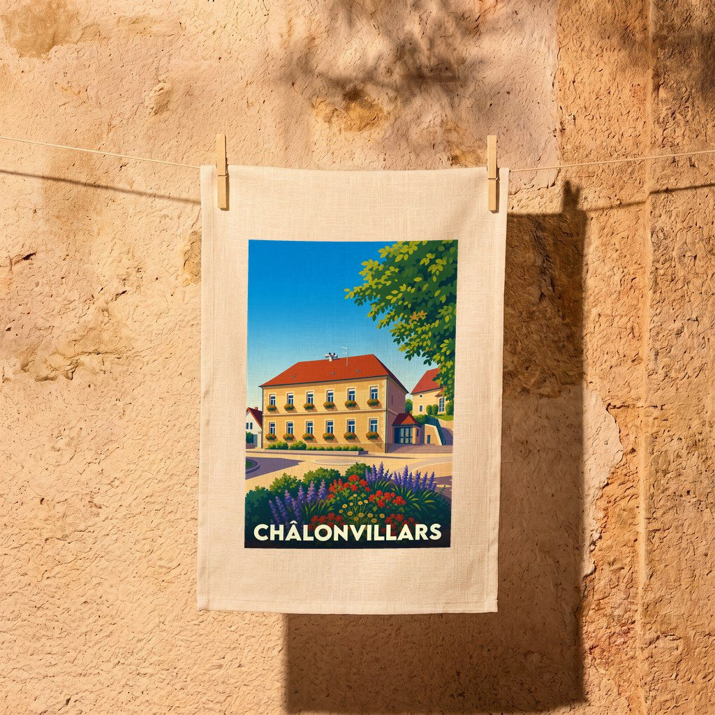 Torchon souvenir de la ville de Châlonvillars avec une illustration stylisée et colorée.