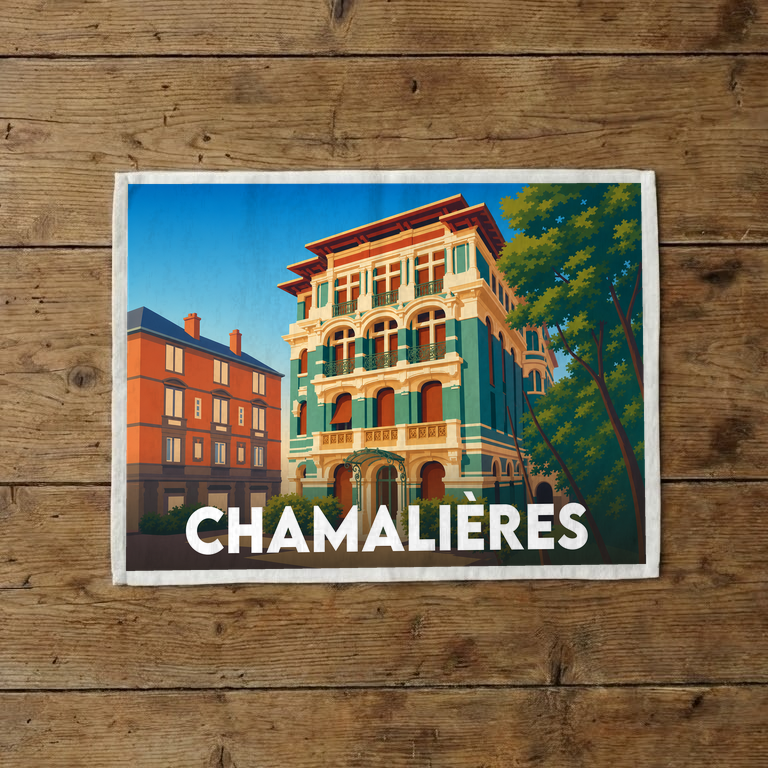 Torchon souvenir de la ville de Chamalières avec une illustration stylisée de bâtiments colorés.