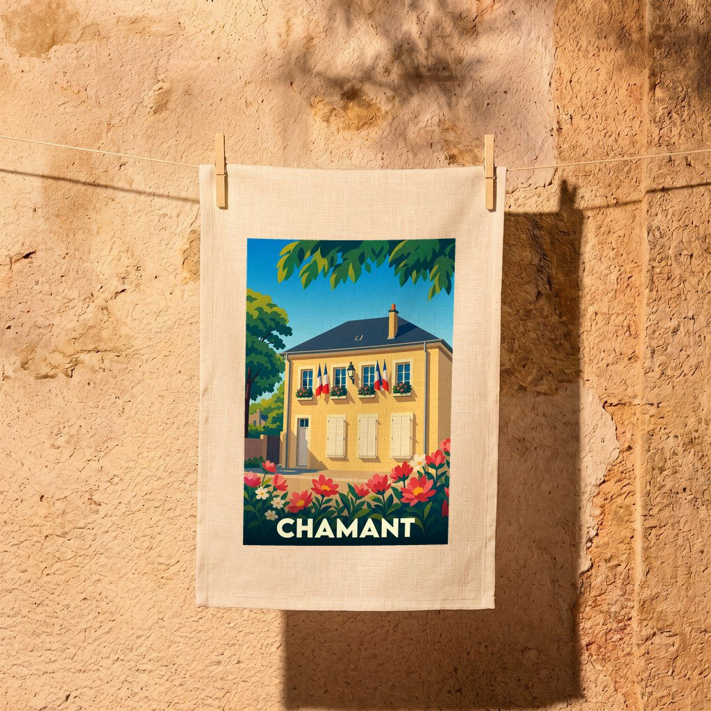 Torchon souvenir de la ville de Chamant avec une illustration stylisée d'une maison fleurie aux couleurs de la France.