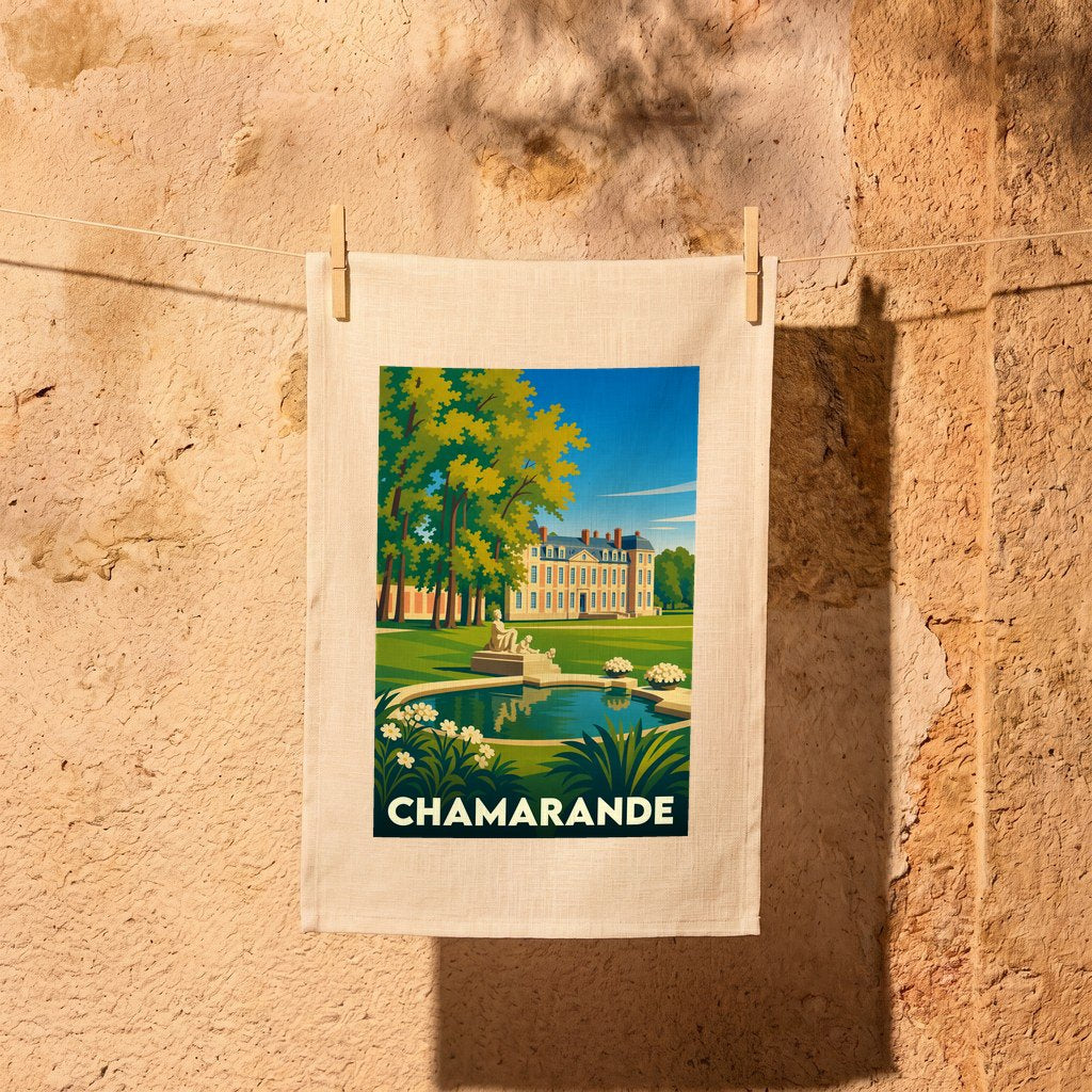 Torchon souvenir de la ville de Chamarande illustré d'un dessin stylisé de son château et de son parc.