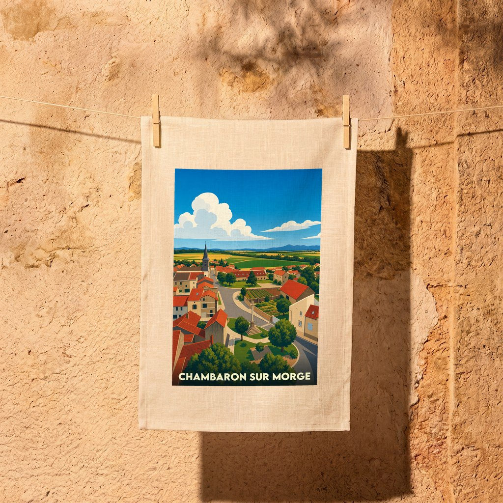 Torchon souvenir de la ville de Chambaron sur Morge avec une illustration stylisée.