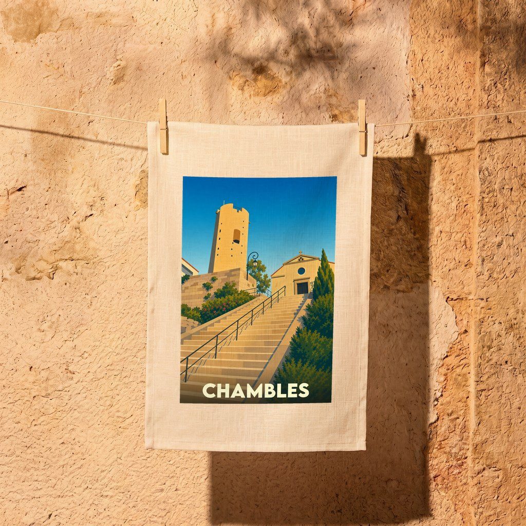 Torchon souvenir de la ville de Chambles avec une illustration stylisée d'un escalier menant à un clocher.