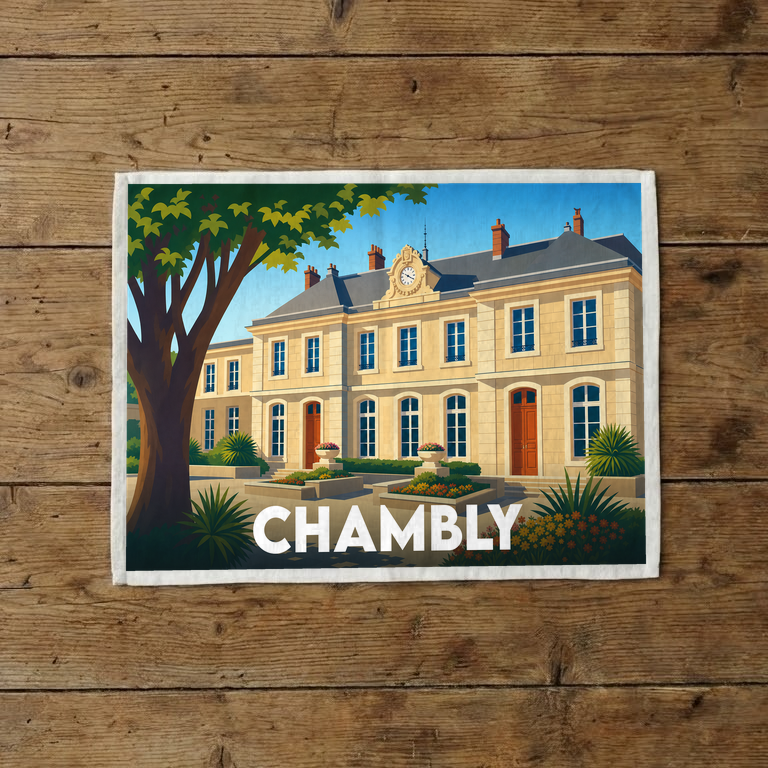 Torchon souvenir de la ville de Chambly avec une illustration stylisée d'un bâtiment historique.