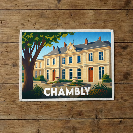 Torchon souvenir de la ville de Chambly avec une illustration stylisée d'un bâtiment historique.