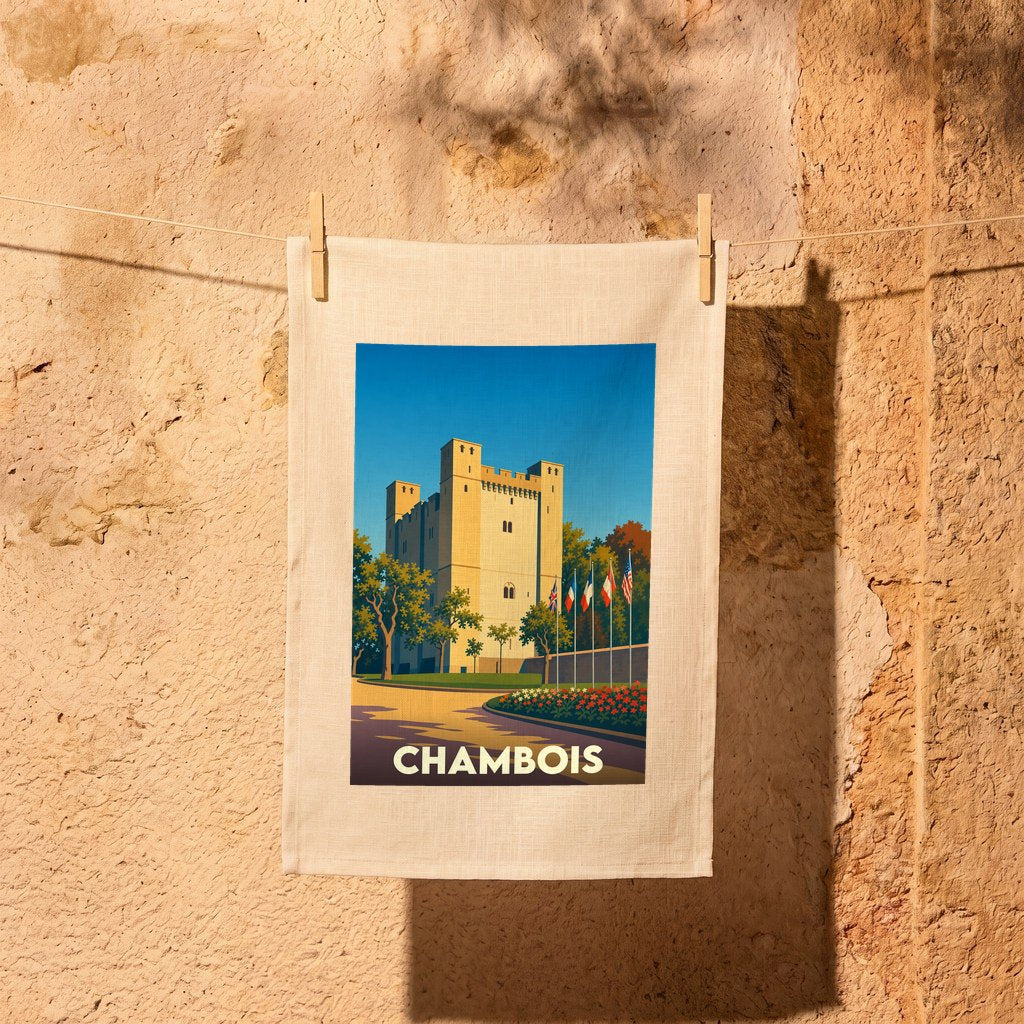 Torchon souvenir de la ville de Chambois avec une illustration stylisée de son donjon.