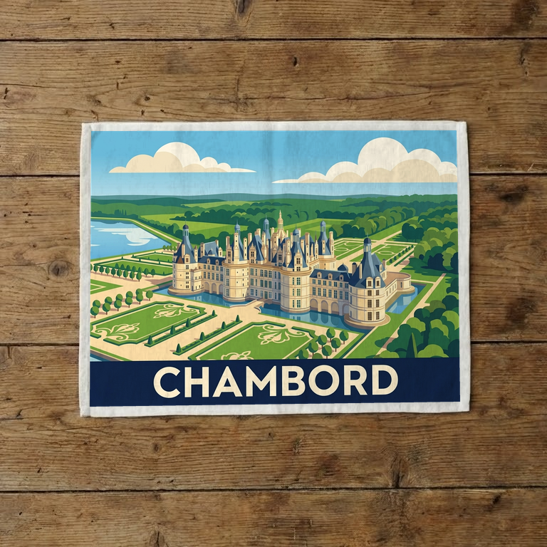 Torchon souvenir de la ville de Chambord avec une illustration stylisée de son château.