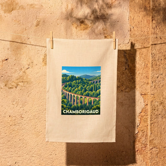 Torchon souvenir de la ville de Chamborigaud avec une illustration stylisée de son viaduc.