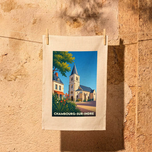 Torchon souvenir de la ville de Chambourg-sur-Indre avec une illustration stylisée de son église.