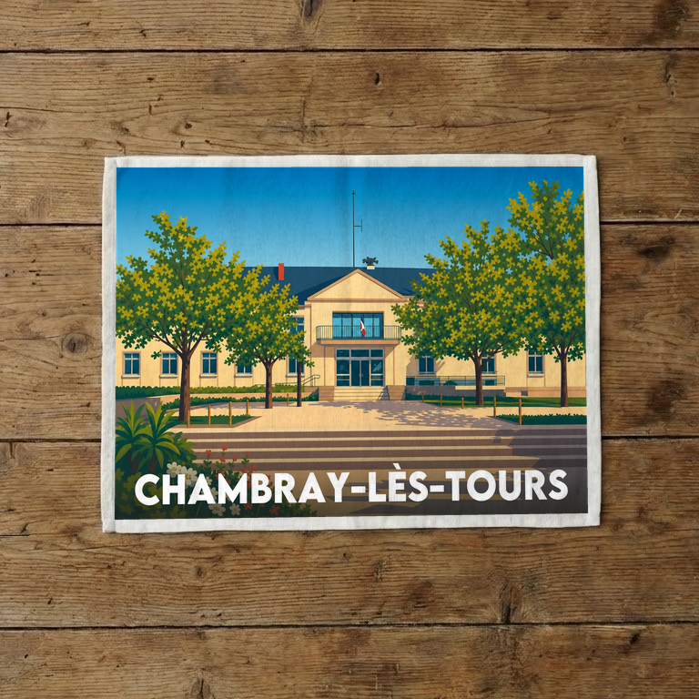 Torchon souvenir de la ville de Chambray-lès-Tours avec une illustration stylisée de l'hôtel de ville.