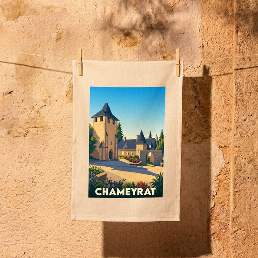 Torchon souvenir de la ville de Chameyrat avec une illustration stylisée.
