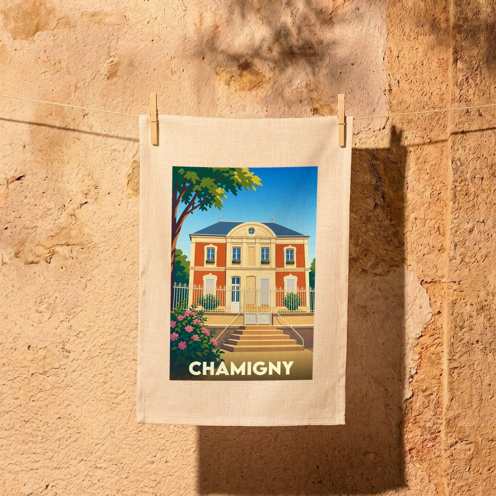 Torchon souvenir de la ville de Chamigny illustré d'une demeure bourgeoise de style néoclassique.