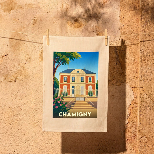 Torchon souvenir de la ville de Chamigny illustré d'une demeure bourgeoise de style néoclassique.