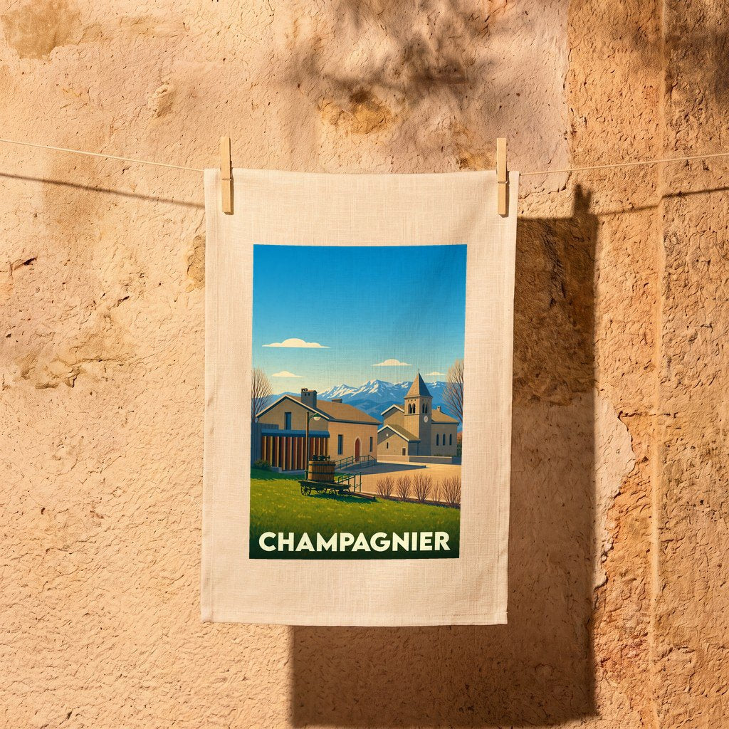 Torchon souvenir de la ville de Champagnier orné d'une illustration stylisée de ses paysages et de son église.