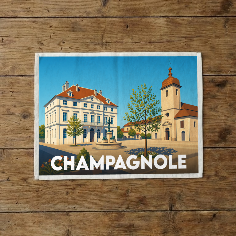 Torchon souvenir de la ville de Champagnole avec une illustration stylisée de sa place centrale.