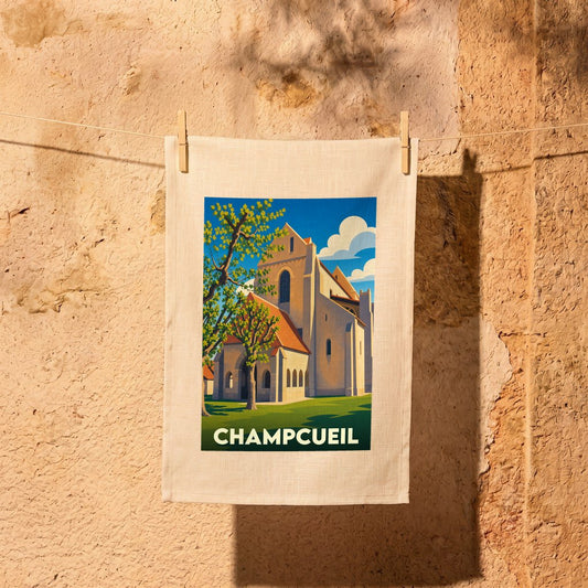 Torchon souvenir de la ville de Champcueil orné d'une illustration stylisée de son église.