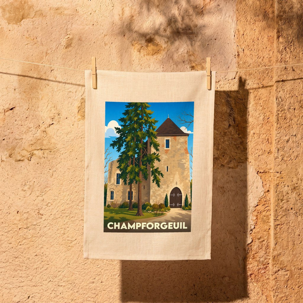 Torchon souvenir de la ville de Champforgeuil illustrant un château et des sapins dans un style vintage.