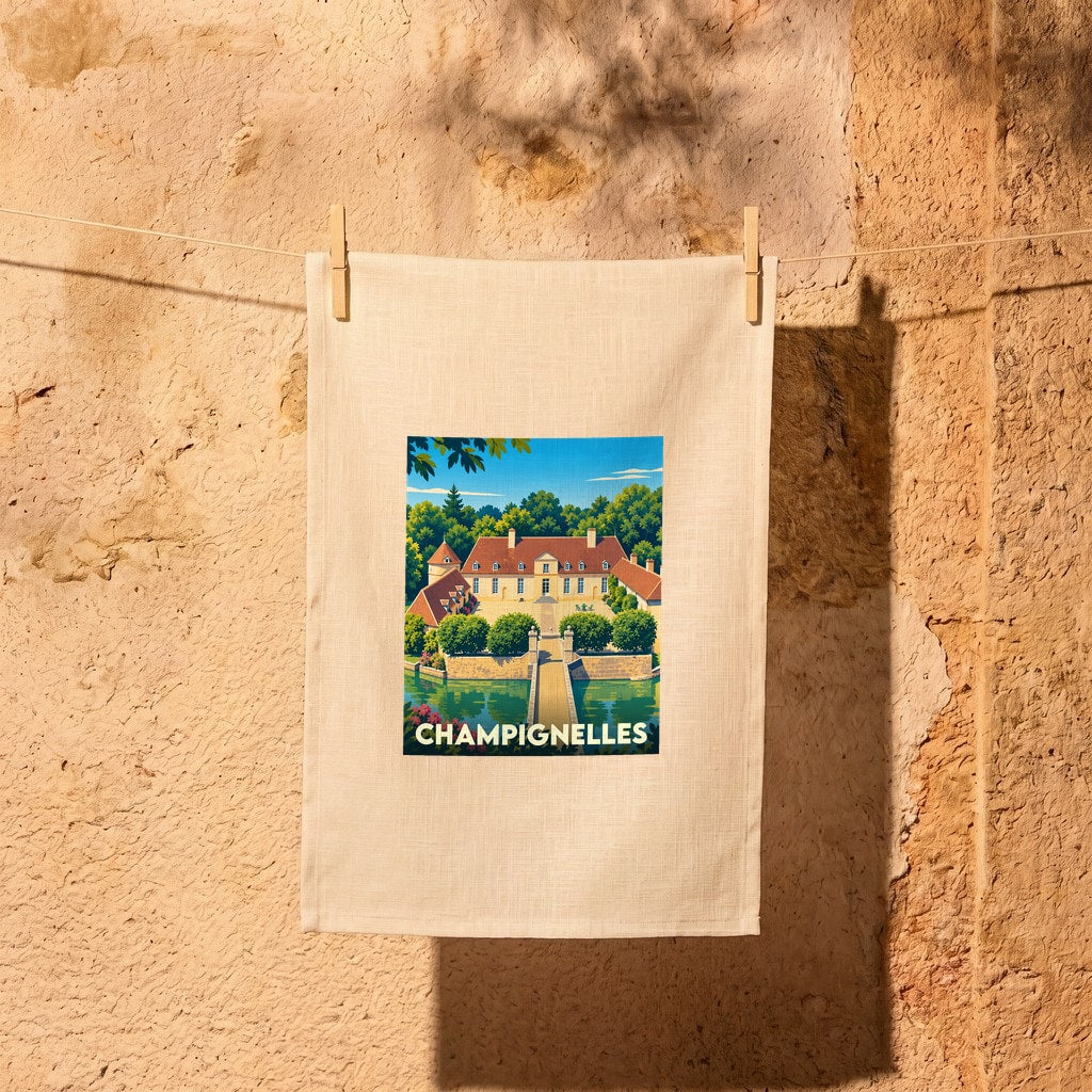 Torchon souvenir de la ville de Champignelles avec une illustration stylisée d'un château.