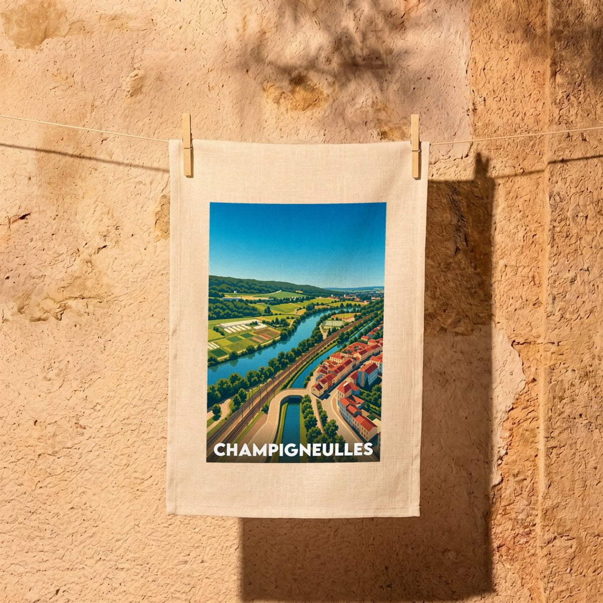 Torchon souvenir de la ville de Champigneulles avec une illustration panoramique stylisée.