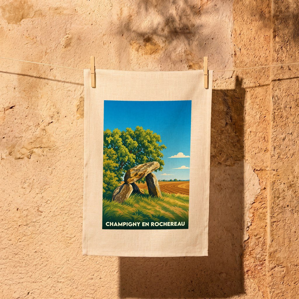 Torchon souvenir de la ville de Champigny en Rochereau avec une illustration stylisée d'un dolmen.