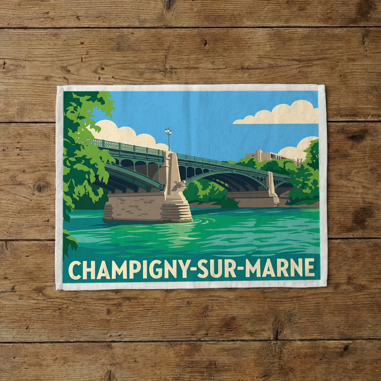 Torchon souvenir de la ville de Champigny-sur-Marne avec une illustration stylisée d'un pont sur la rivière.