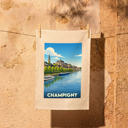 Torchon souvenir de la ville de Champigny orné d'une illustration stylisée de ses bords de Marne.