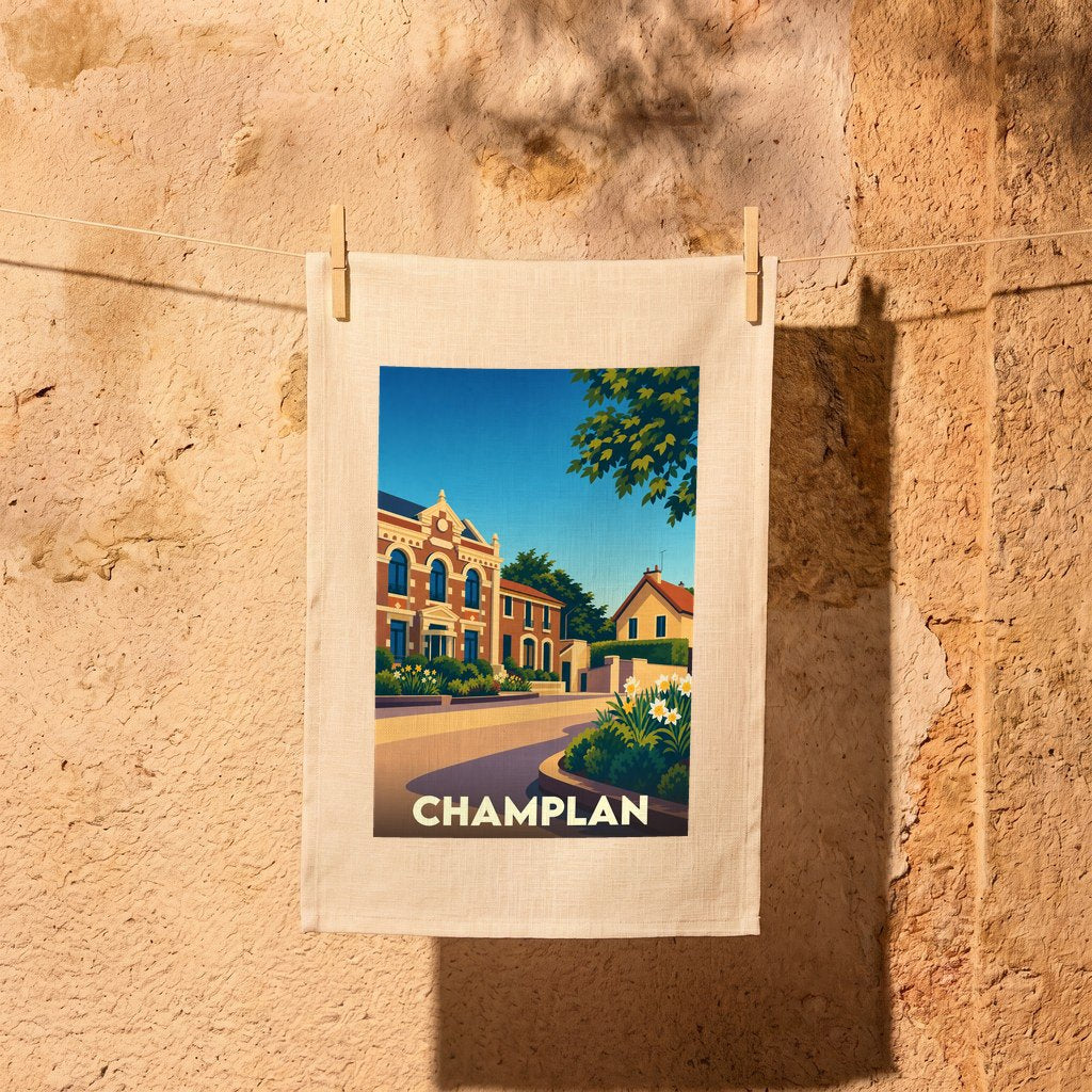 Torchon souvenir de la ville de Champlan avec une illustration colorée et stylisée de ses bâtiments.