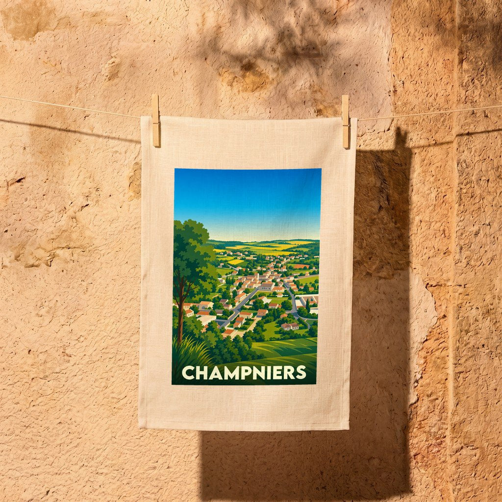 Torchon souvenir de la ville de Champniers avec une illustration stylisée de son paysage urbain et champêtre.