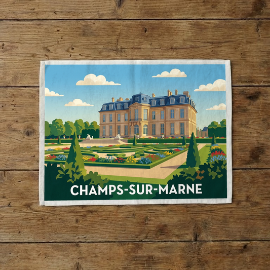 Torchon souvenir de la ville de Champs-sur-Marne avec une illustration stylisée de son château et de ses jardins.