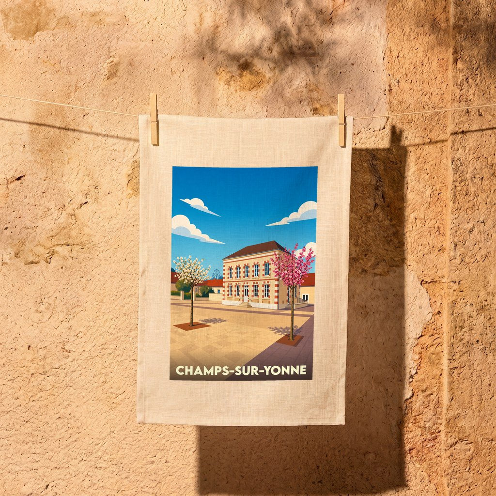 Torchon souvenir de la ville de Champs-sur-Yonne avec une illustration stylisée.