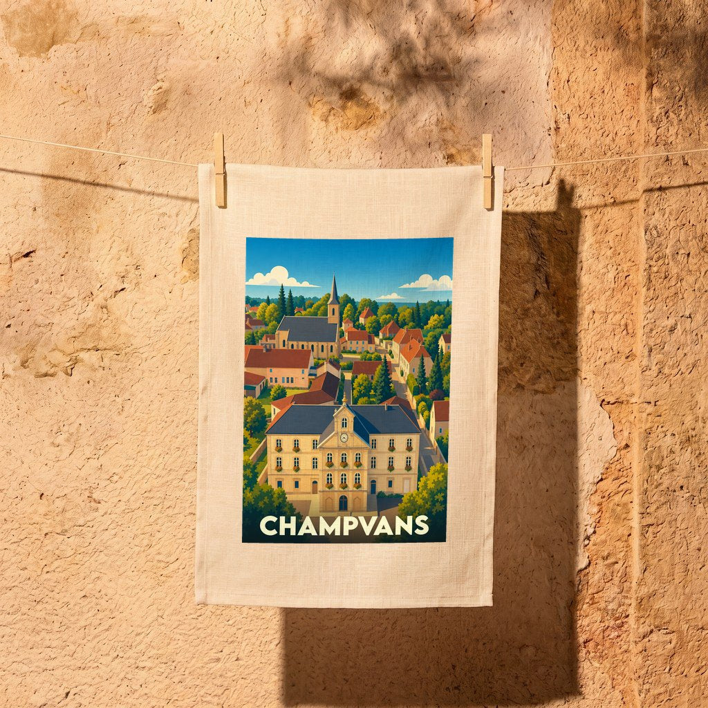 Torchon souvenir de la ville de Champvans avec une illustration stylisée.