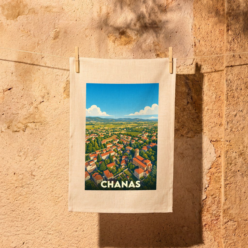 Torchon souvenir de la ville de Chanas avec une illustration stylisée d'un paysage urbain.