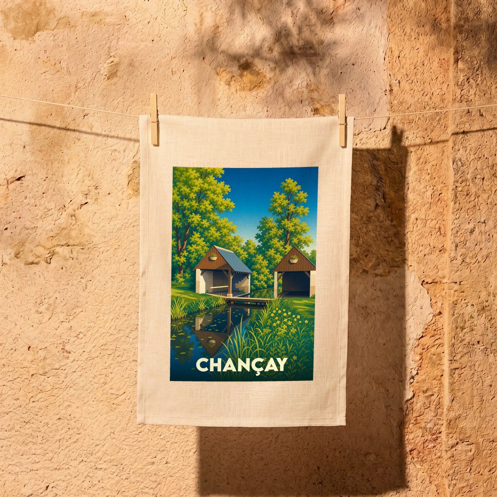 Torchon souvenir de la ville de Chançay avec une illustration stylisée de lavoirs en bord de rivière.