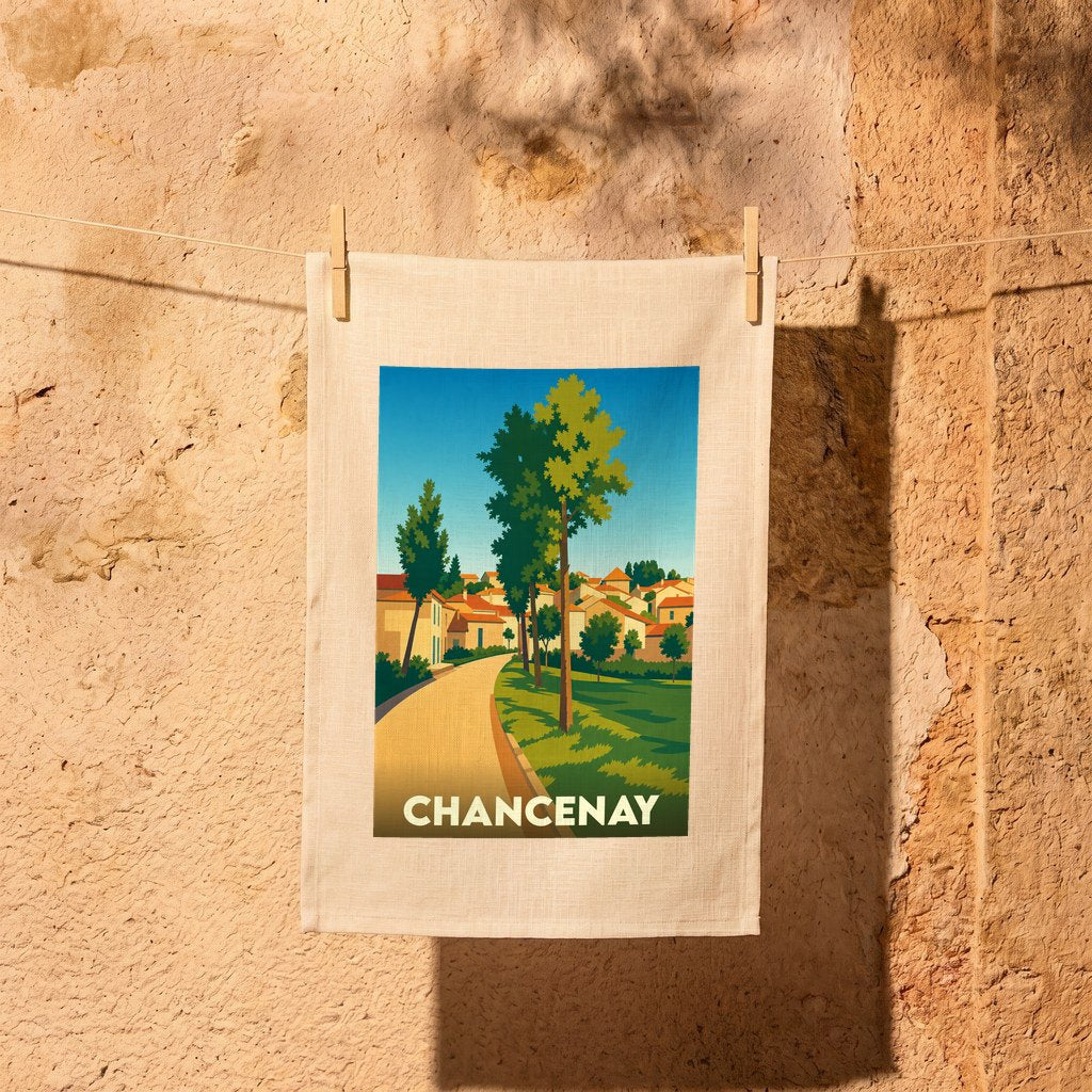 Torchon souvenir de la ville de Chancenay avec une illustration stylisée d'un paysage urbain arboré.