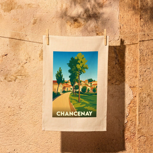 Torchon souvenir de la ville de Chancenay avec une illustration stylisée d'un paysage urbain arboré.
