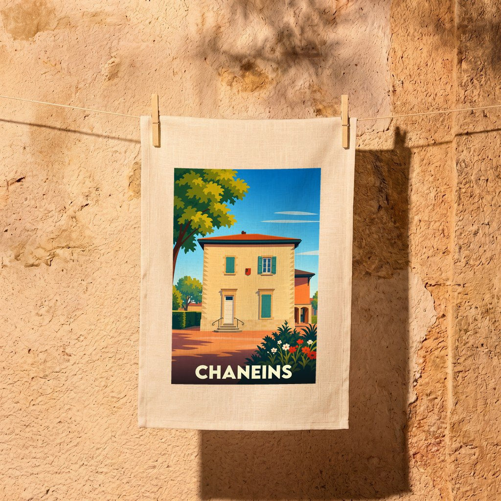 Torchon souvenir de la ville de Chaneins illustré d’une maison traditionnelle sous un ciel bleu.